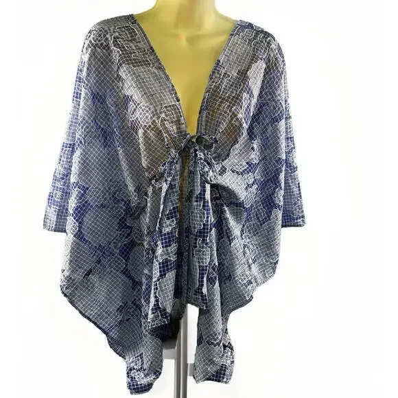 ANTHROPOLOGIE Kaftan Blouse Woman One Size Blue Floral Tie Front Flowy Sheer - Picture 2 of 13